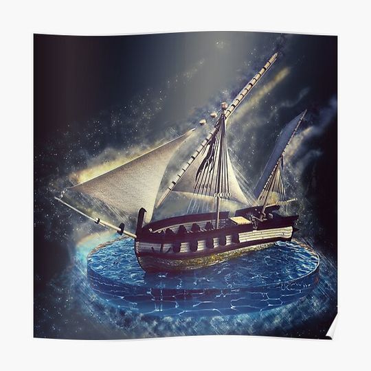 Discover Fantasy pirate sailin ship, starry night, sea, lightning, space Premium Matte Vertical Poster