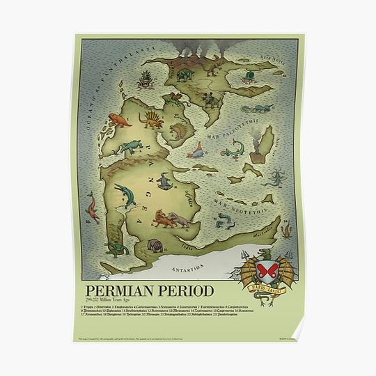 Discover Permian Period World Map (medieal bestiary style) Pangea Premium Matte Vertical Poster