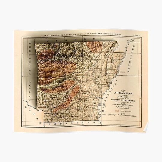 Discover 1892 Relief Map of Arkansas 3D digitally-rendered Premium Matte Vertical Poster