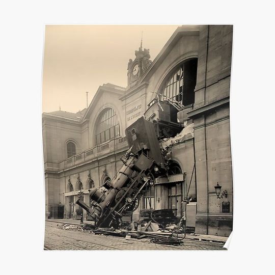 Discover Steam Train Locomotive Wreck at Montparnasse Railway Station in Paris 1895 Gift Premium Matte Vertical Poster