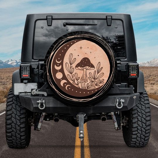 Discover Rustic Mushroom Spare Tire Cover, Mushroom Moon Phase Tire Cover