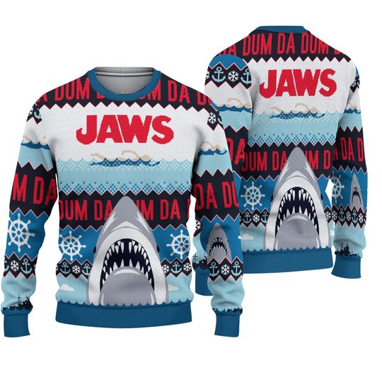 Discover Jaws Da Dum Shark Ugly Christmas Sweater, Jaws Ugly Christmas Vintage 3D Sweater