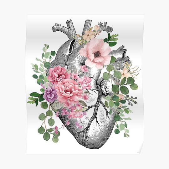 Discover Bloom Floral Heart Human Anatomy pink roses flowers Premium Matte Vertical Poster