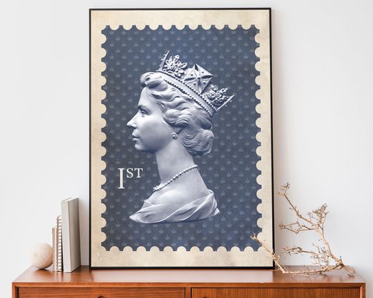 Discover Queen Elizabeth Blue Stamp, Vintage Queen Of England Poster