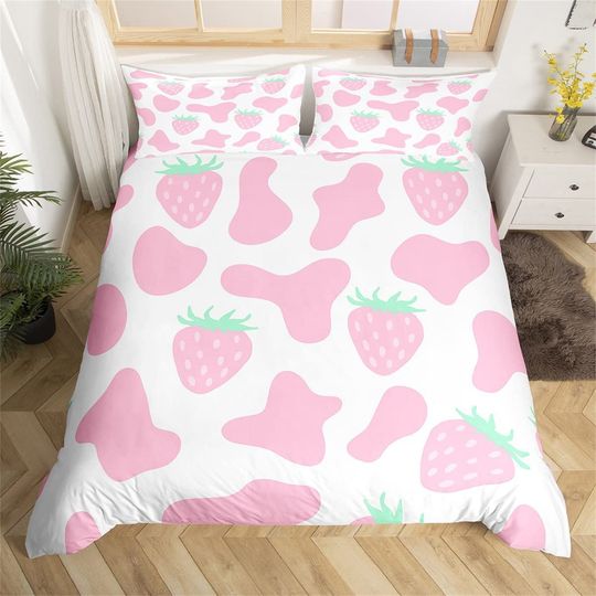 Discover Pink Strawberry Duvet Cover for Kids Teens Girls, Cartoon Cute Bedding Set