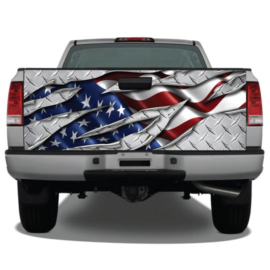 Discover American Flag Ripped Metal Diamond Plate Truck Tailgate Wrap Vinyl Graphic Decal