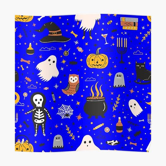 Discover Halloween seamless pattern with adorable spooky holiday creatures and items  ghost  skeleton Premium Matte Vertical Poster