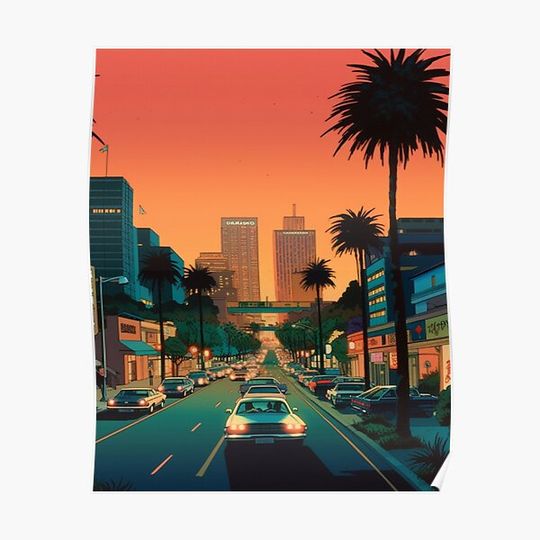 Discover Hiroshi Nagai Abstract Inspired Illustration of Los Angeles 2 Premium Matte Vertical Poster