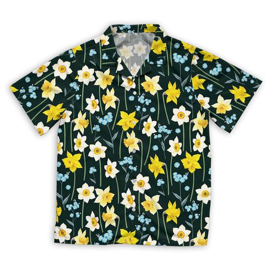 Discover Pattern With Yellow And White Daffodil Short Sleeve Hawaiian Shirt