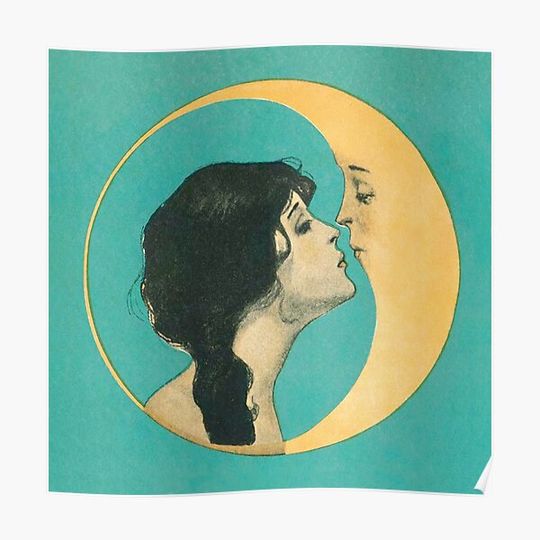 Discover Vintage Woman Kissing the Moon Premium Matte Vertical Poster