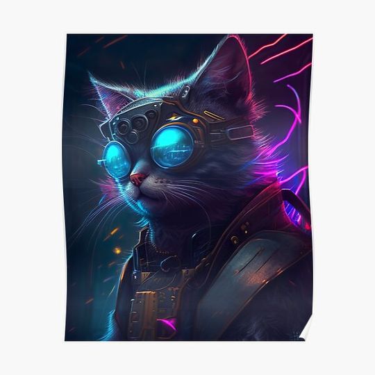 Discover Neon Whiskers: Cyberpunk Cat Poster - A Vibrant Fusion of Feline Elegance and Futuristic Design Premium Matte Vertical Poster