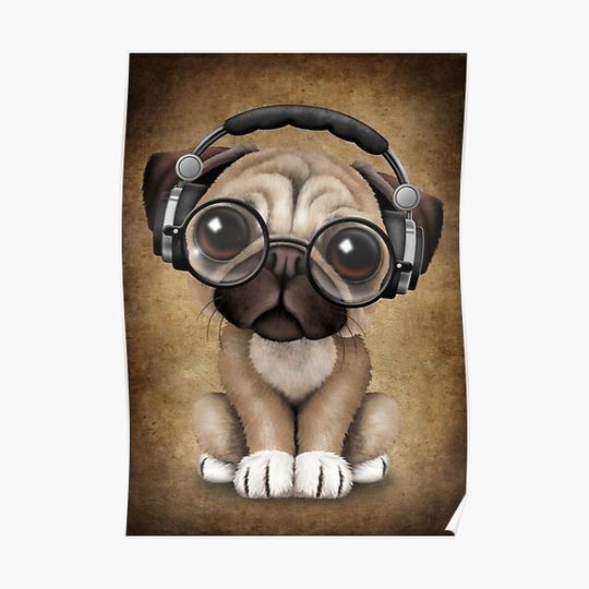 Discover Cute Pug Puppy Dj Wearing Headphones and Glasses Premium Matte Vertical Poster