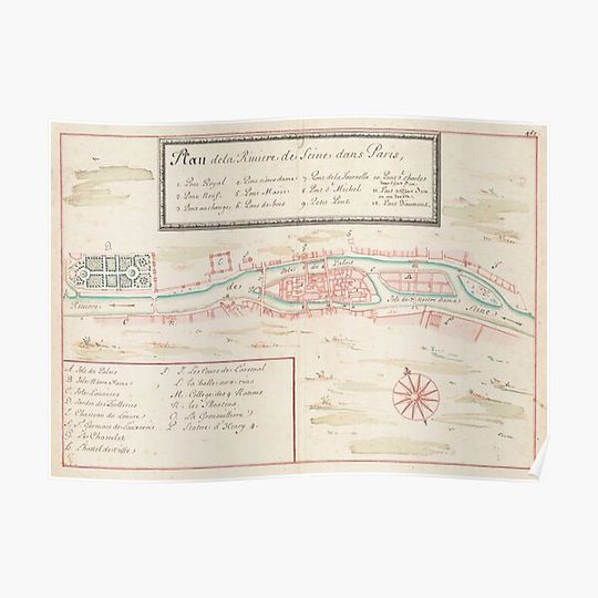 Discover Vintage Seine River of Paris France Map (1760) Premium Matte Vertical Poster