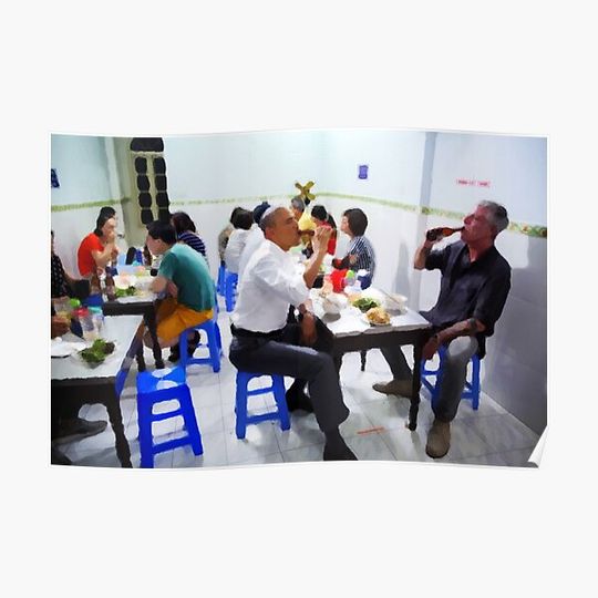 Discover ANTHONY BOURDAIN and BARACK OBAMA having a beer in Vietnam - IMPRESSIONISTIC Premium Matte Vertical Poster