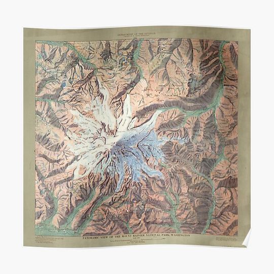 Discover Vintage Mount Rainier Topographical Relief Map Washington Premium Matte Vertical Poster