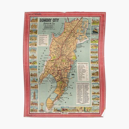 Discover Vintage Bombay City Tourist Map  , 1947. Premium Matte Vertical Poster