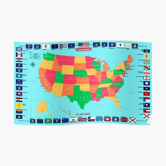 Discover Detailed USA Map With State Flags Premium Matte Vertical Poster