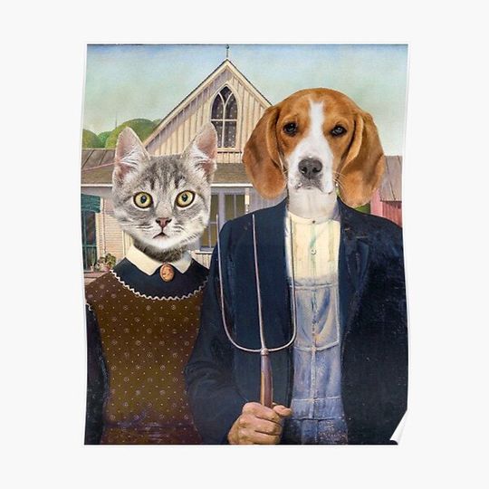Discover American Gothic Cat and Dog mashup Premium Matte Vertical Poster