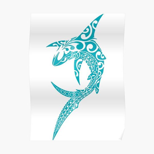Discover Tribal Shark Polynesian Tattoo Blue Premium Matte Vertical Poster
