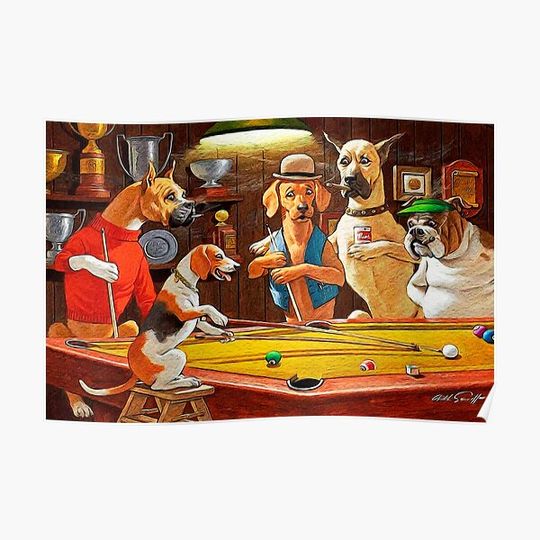 Discover Dogs Playing Pool Game Premium Matte Vertical Poster