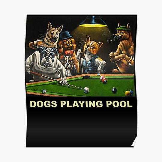 Discover Dogs Playing Pool Snooker Billiards Premium Matte Vertical Poster