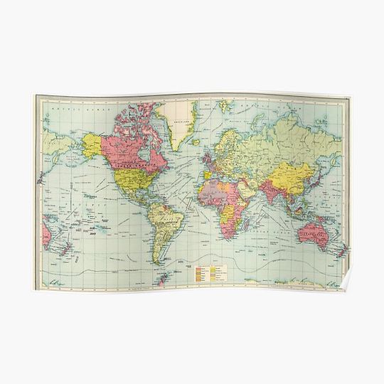 Discover Vintage Historical World Map, Rainbow World Map, Red Green Yellow Blue Map Premium Matte Vertical Poster