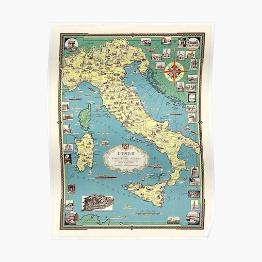 Discover Vintage Italy Map, Italia Map, Old Map of Italy, Pictorial Map of Italy Premium Matte Vertical Poster
