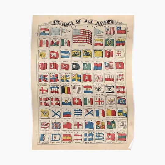 Discover Old Flags of The World Chart (1865) Vintage Banners of Various Nations Premium Matte Vertical Poster