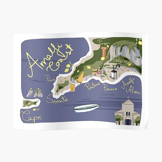 Discover Amalfi Coast map, Italy, digital artwork Premium Matte Vertical Poster