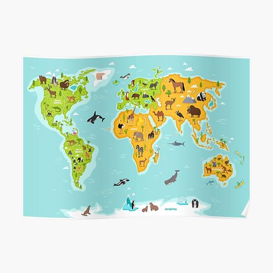 Discover World map with wildlife animals and plants. Premium Matte Vertical Poster
