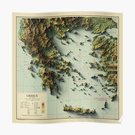 Discover 1948 Greece Relief Map 3D digitally-rendered Premium Matte Vertical Poster