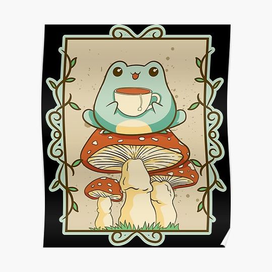 Discover Cottagecore Aesthetic Kawaii Frog Sipping Tea Mushroom Premium Matte Vertical Poster