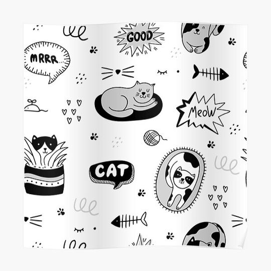 Discover Cute black and white cat pattern Premium Matte Vertical Poster