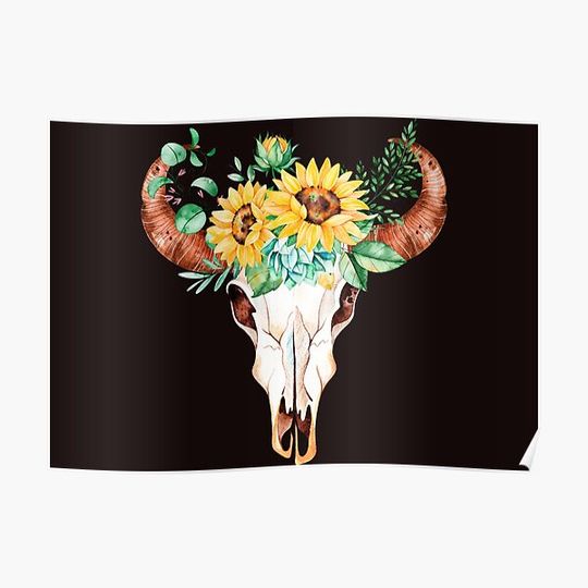 Discover Sunflower Bouquet, Bull Skull, Sunflower Skull, Sunflowers, Watercolor, Painted Sunflowers Premium Matte Vertical Poster