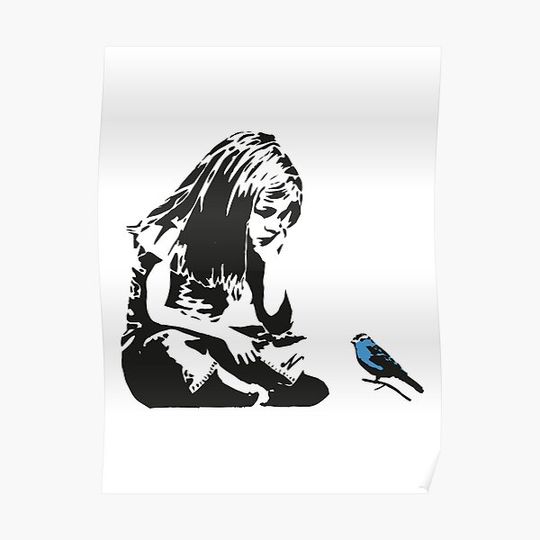 Discover Girl with Blue Bird - Banksy Graffiti - Hull city centre Premium Matte Vertical Poster