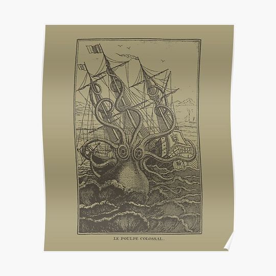 Discover Colossal Octopus Kraken Attacking Ship Sea Monster Premium Matte Vertical Poster