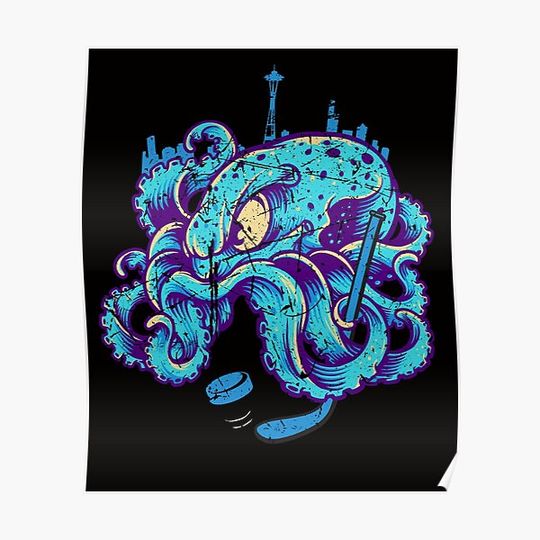 Discover Seattle Ice Hockey Kraken Playing Hockey Skyline Premium Matte Vertical Poster