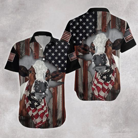 Discover Cow American Flag Patriotic Aloha Hawaiian Shirt