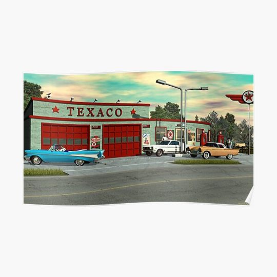 Discover 1960's Texaco Gas Station on route 66. Premium Matte Vertical Poster