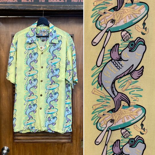 Discover Vintage 1990s Mambo Label Fish Border Tiki Rayon Hawaiian Shirt, 90s Loop Collar Shirt, Vintage Clothing