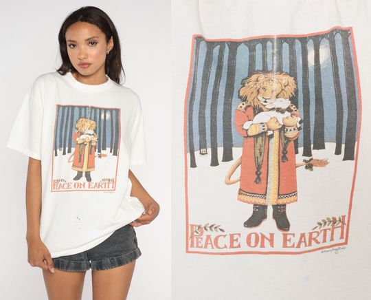 Discover Peace on Earth Shirt 90s Lion & Lamb Christmas Shirt Mary Engelbreit T Shirt