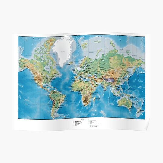 Discover World map, relief topographic map of the world with names of the oceans, seas, Lakes, Rivers, capitals and major cities Premium Matte Vertical Poster