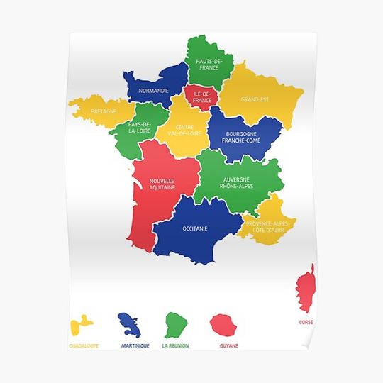 Discover Colorful France Map with Regions Premium Matte Vertical Poster