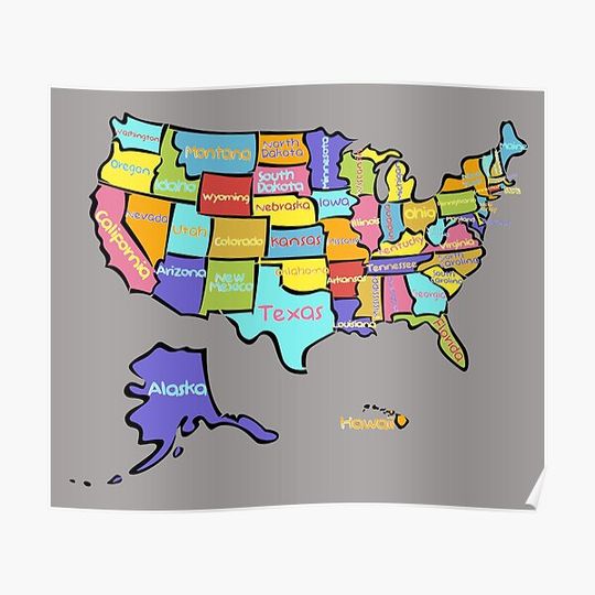 Discover United States map with states names, colorful US map, USA Premium Matte Vertical Poster