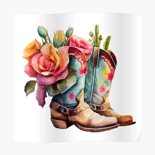 Discover Watercolor  Cowgirl Blue Boots and Flowers Premium Matte Vertical Poster