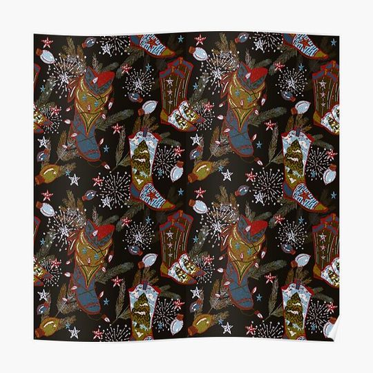 Discover Holiday Mens Cowboy Boots Womens Christmas Blue Black Red Green Lights Sparkle Pattern Premium Matte Vertical Poster