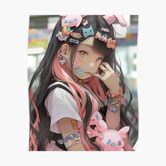 Discover Cute Anime Girl with Black and Pink Hair Premium Matte Vertical Poster
