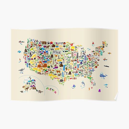 Discover Animal Map of United States for children and kids Premium Matte Vertical Poster