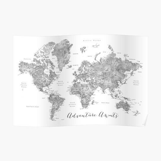 Discover Adventure awaits... detailed world map in grayscale watercolor Premium Matte Vertical Poster