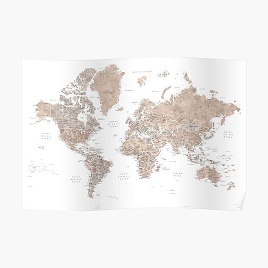Discover Brown watercolor world map with US state capitals Premium Matte Vertical Poster